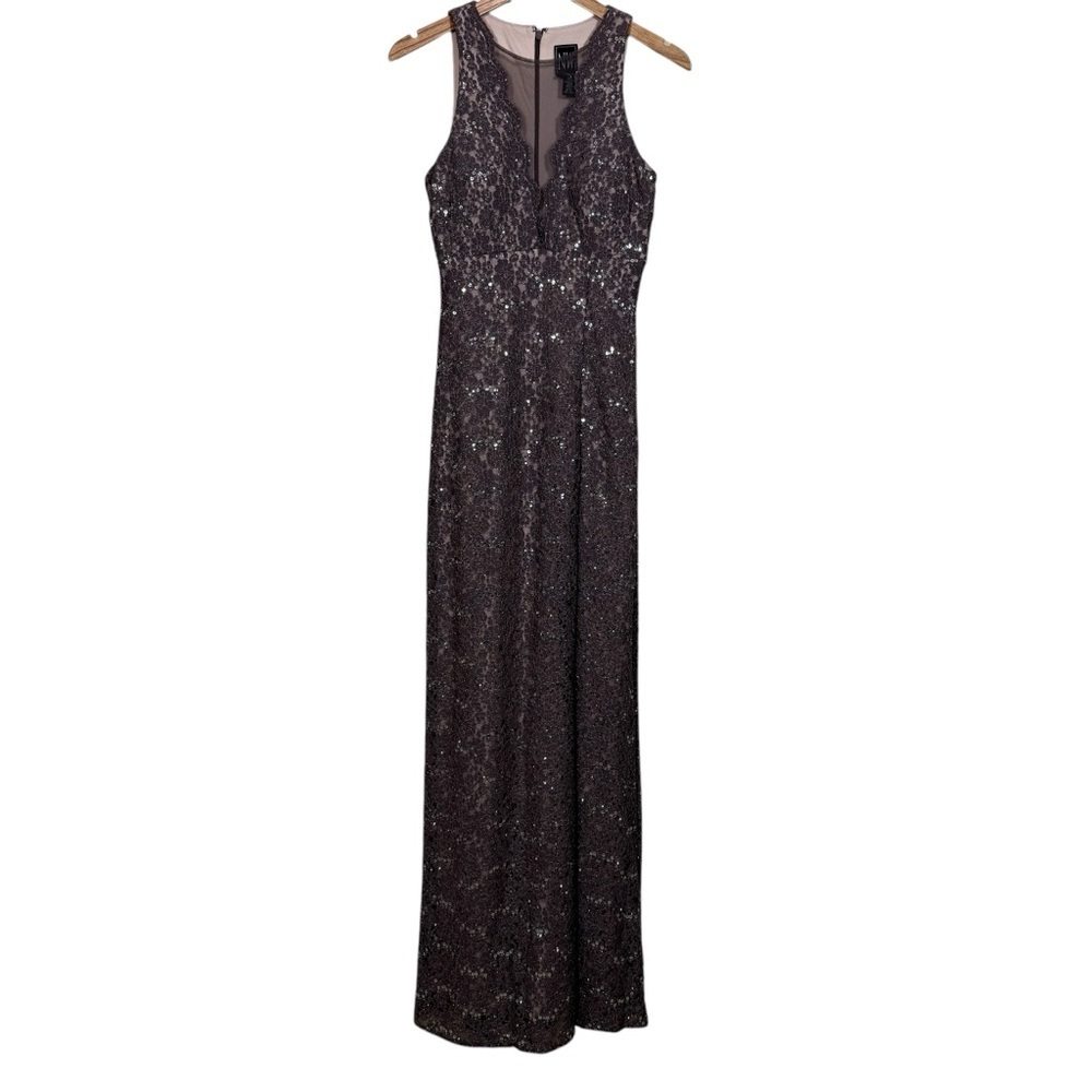 NW Nightway Taupe Floral Formal Evening Dress with Slit Womens Size 4